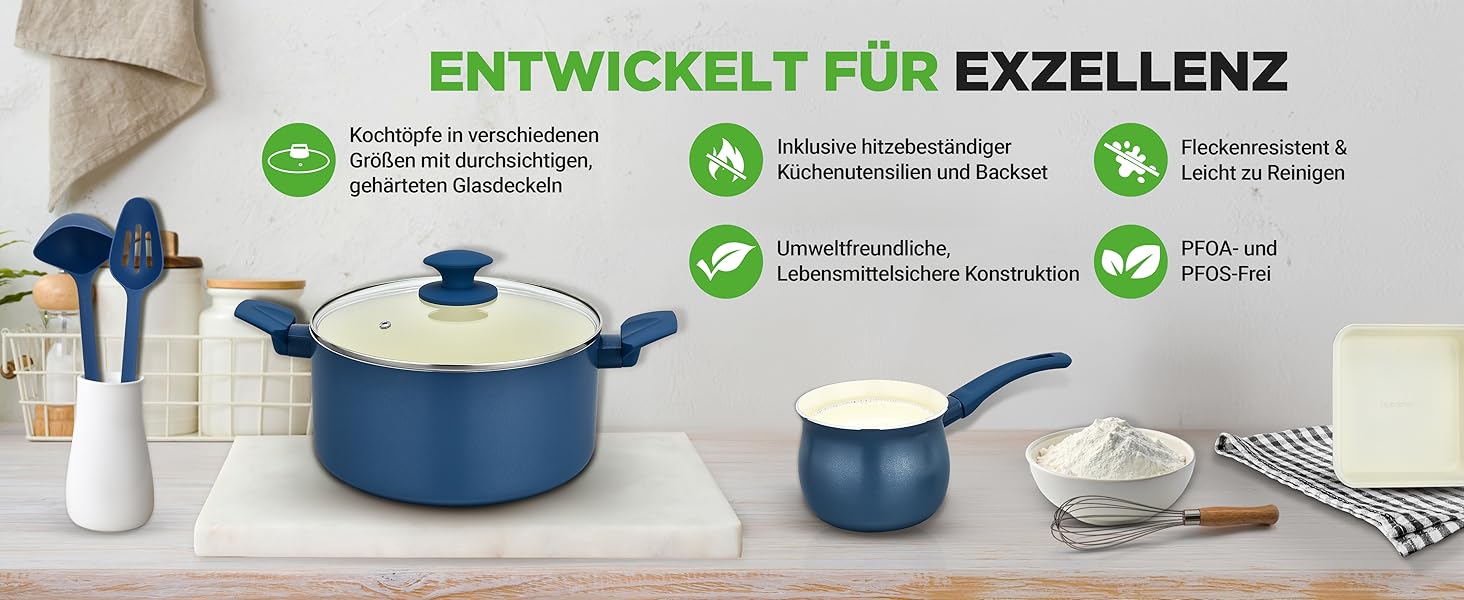 Набір кухонного посуду NutriChef 54 елементи – сковороди, каструлі, аксесуари, з ножами, формами для випічки – для Induktion, газу та електро – здорове та знежирене приготування їжі