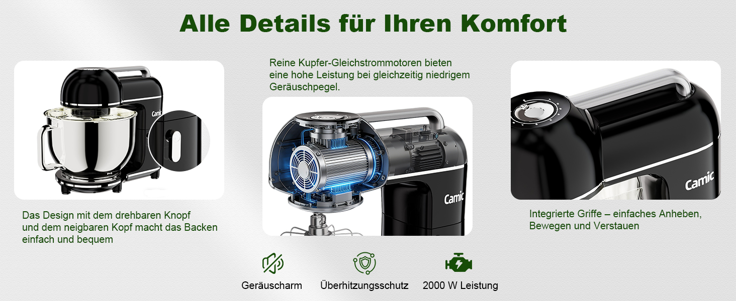 Кухонний комбайн-міксер Camic 2000W, чаша зі сталі 7л, 10 швидкостей, з набором насадок (гак, вінчик) та захистом від бризок, чорний