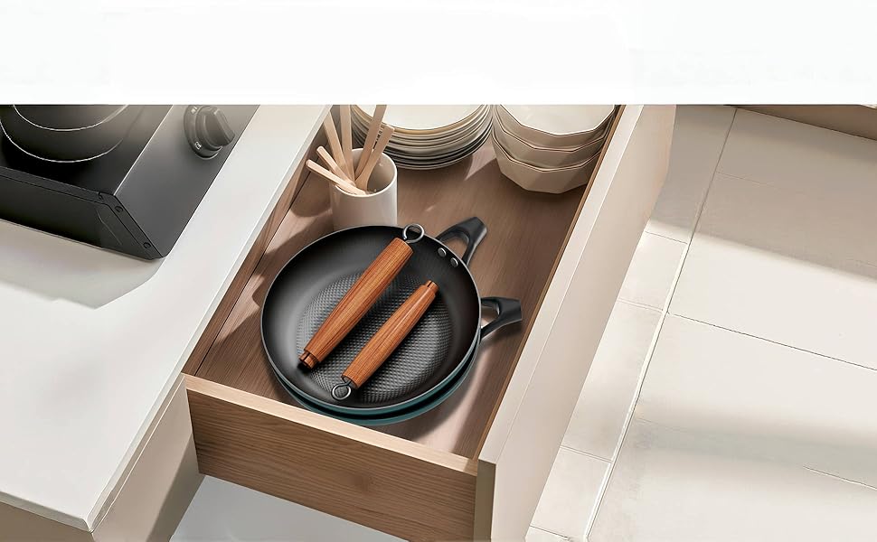 Набір сковорідок YUTANN 3 шт. з чавуну, з антипригарним покриттям, знімний дерев'яний ручка, для газової плити, індукції, духовки, без PFAS/PFOA, легко миються, блакитний