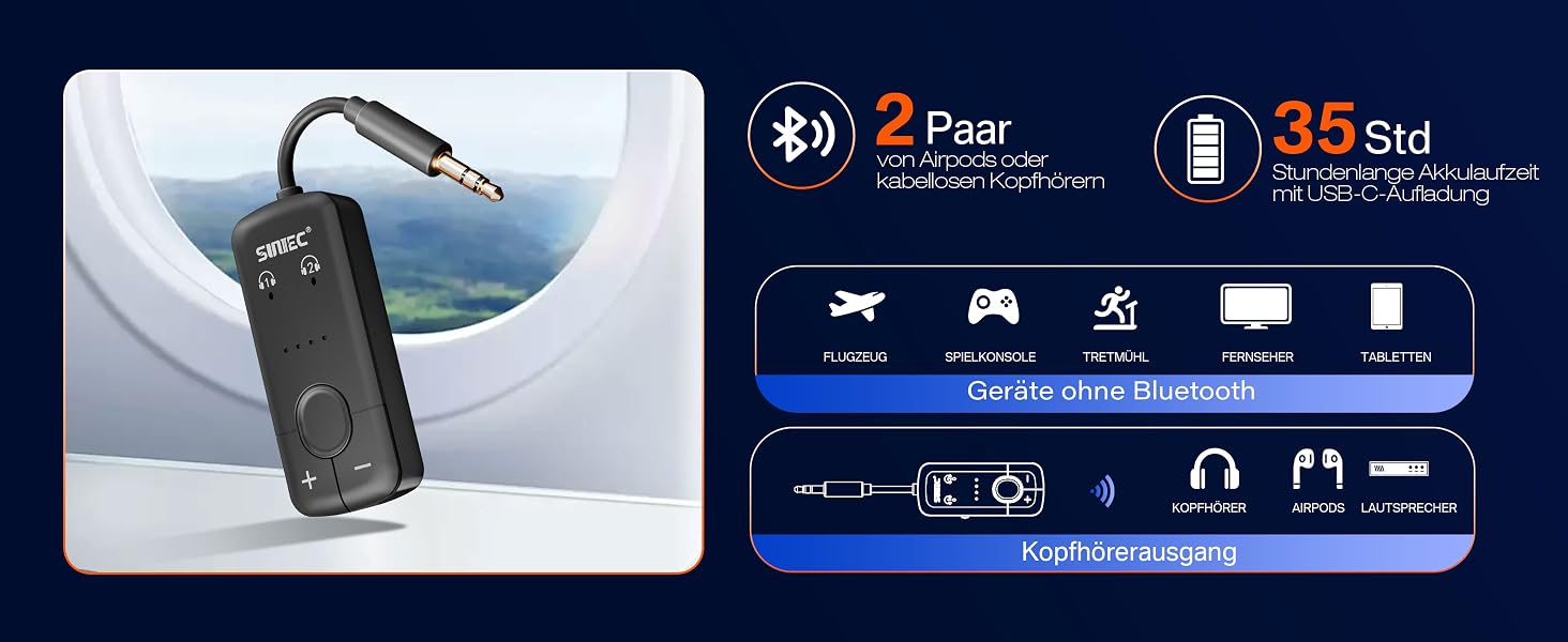 Bluetooth-адаптер AirFly для навушників у літаку, трансмітер аудіосигналу (чорний)