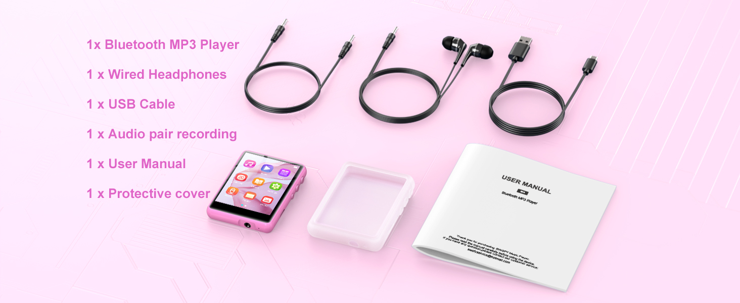 MP3 плеєр SWOFY 128GB Bluetooth 5.3, Рожевий - міні-плеєр з сенсорним екраном 2.4