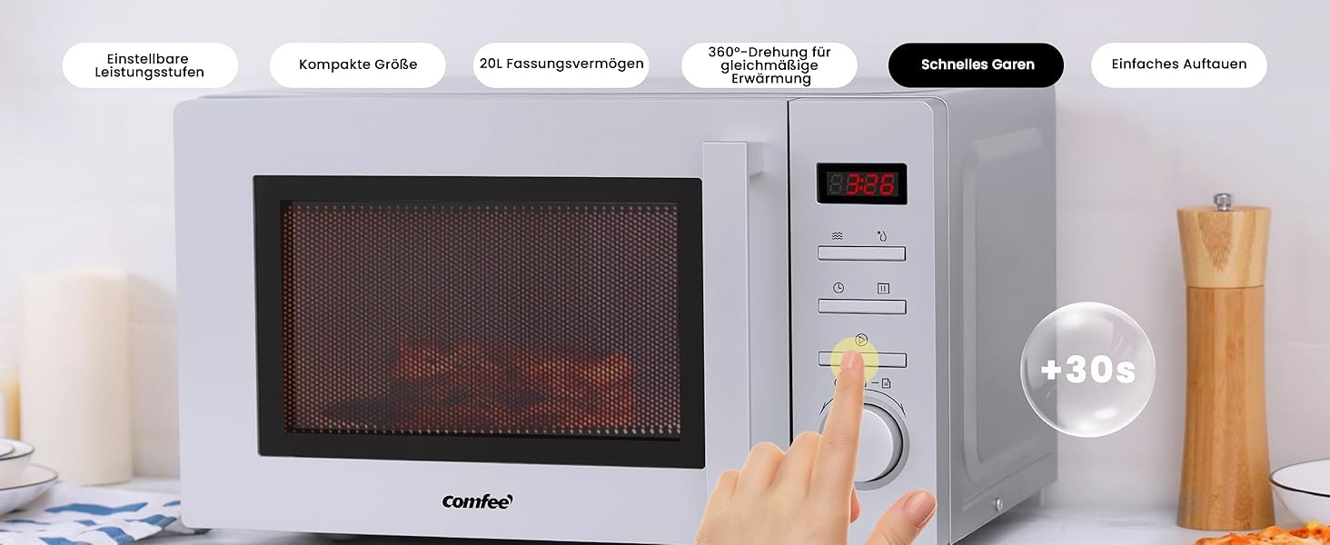 Мікрохвильова піч Comfee CMSN 20di White - 20л, 700W, білий колір, LED-дисплей, 8 меню, таймер, внутрішнє освітлення