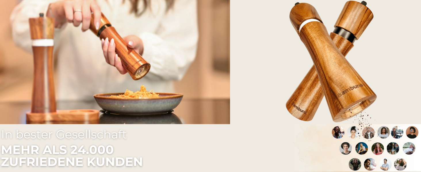 Набір для перцю та солі BAMBUNA з акацієвого дерева - 5 шт. з регульованою керамічною жорна - ручна млинка з підставкою та ложкою - Made in Germany