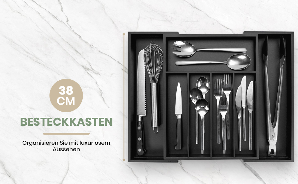 Органайзер для кухонних шухляд Besteckkasten #47 (глибина 47 см) з бамбука - чорний, висувний, для порядку в кухні