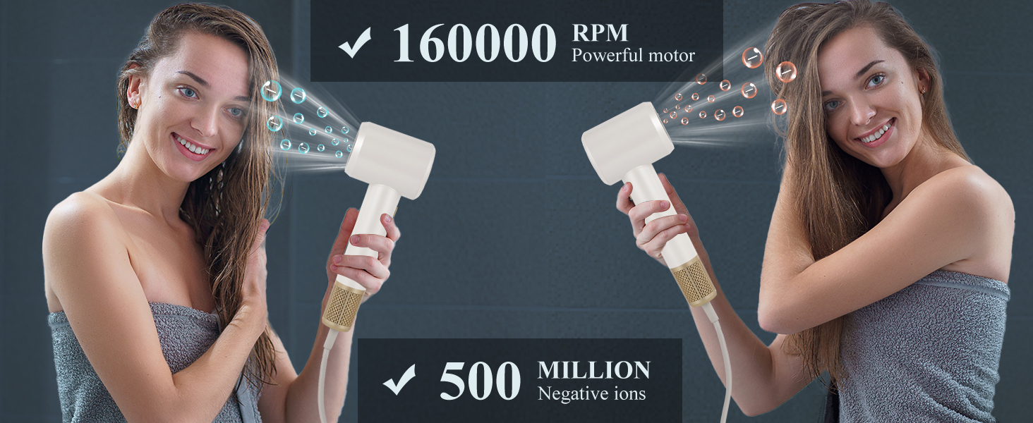 BESTBOMG Фен для волосся з LED-дисплеєм, 160 000 об/хв безщітковий двигун, 500 млн негативних іонів, тиха робота (білий)