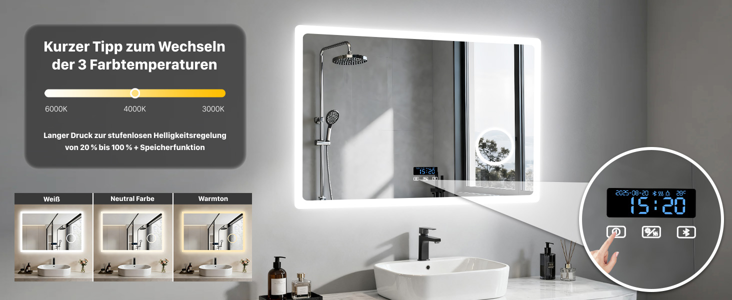 Дзеркало для ванної кімнати LUVODI з підсвічуванням 100x70 см: годинник, температура, дата, антизапар, регулювання яскравості, 3 кольори світла, функція пам'яті, LED, водонепроникність (60L x 80B см, 3x лупа + Bluetooth)