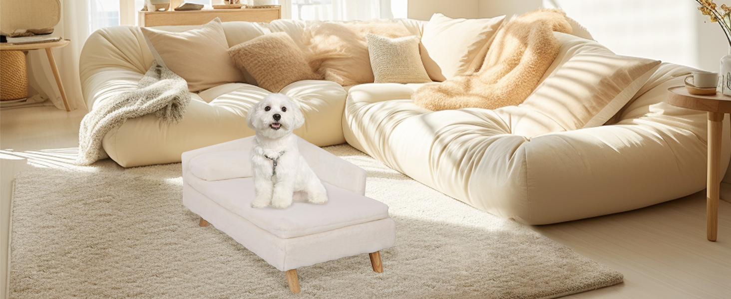 Софа для собак BingoPaw Luxus з підголівником, плюшеві подушки та дерев'яні ніжки. Зручне ліжко для собак середніх та маленьких порід, крісло для котів великих порід, 80x50x39 см, бежевий колір