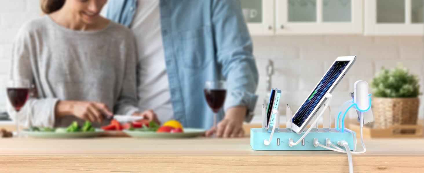 Зарядна станція SooPii USB 60W/12A, 6 портів, органайзер для декількох пристроїв з тримачем для Apple Watch, 6 кабелів (синій)