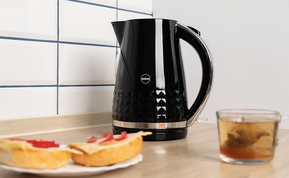 Eldom VENO Retro Kettle - 1.5L, 3000W, Rapid Boil, Vintage Design with Grid Pattern, Removable Scale Filter - White Delux (Black)