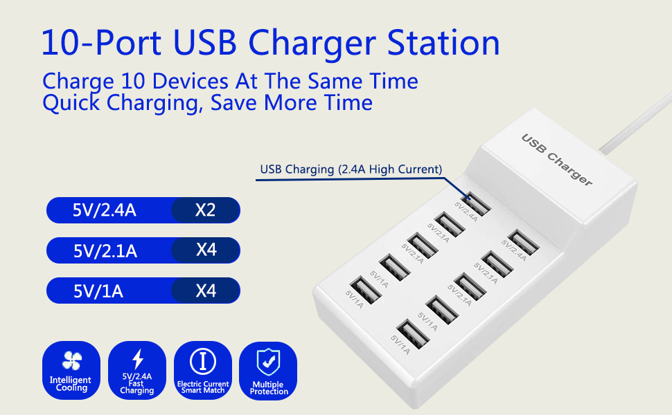 Зарядний пристрій USB багатопортовий 10 портів 40W, станція для зарядки iPhone 12/13/14/15/16, Samsung S23/S24, iPad, Xiaomi, Huawei, Oppo, OnePlus