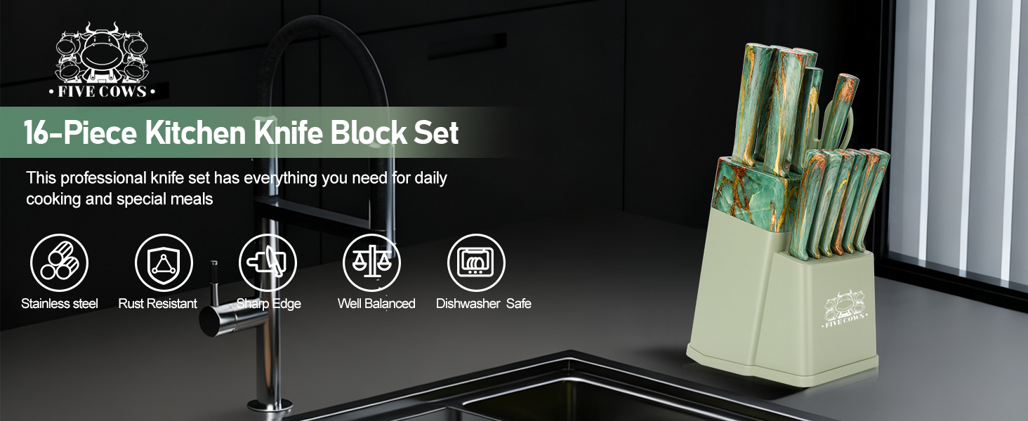 Набір кухонних ножів Messerblock з 16 частинами: ножі, обробна дошка, захист пальців, точилка та кухорізаки. Професійний набір для дому (зелений)