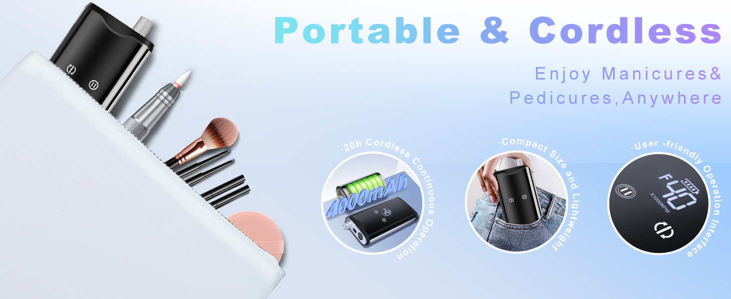 Професійний фрезер для нігтів ENGERWALL M95G: 40000 обертів/хв, акумулятор 24 год, бездротовий електричний фрезер для гелю та акрилу, LCD дисплей, турбо двигун