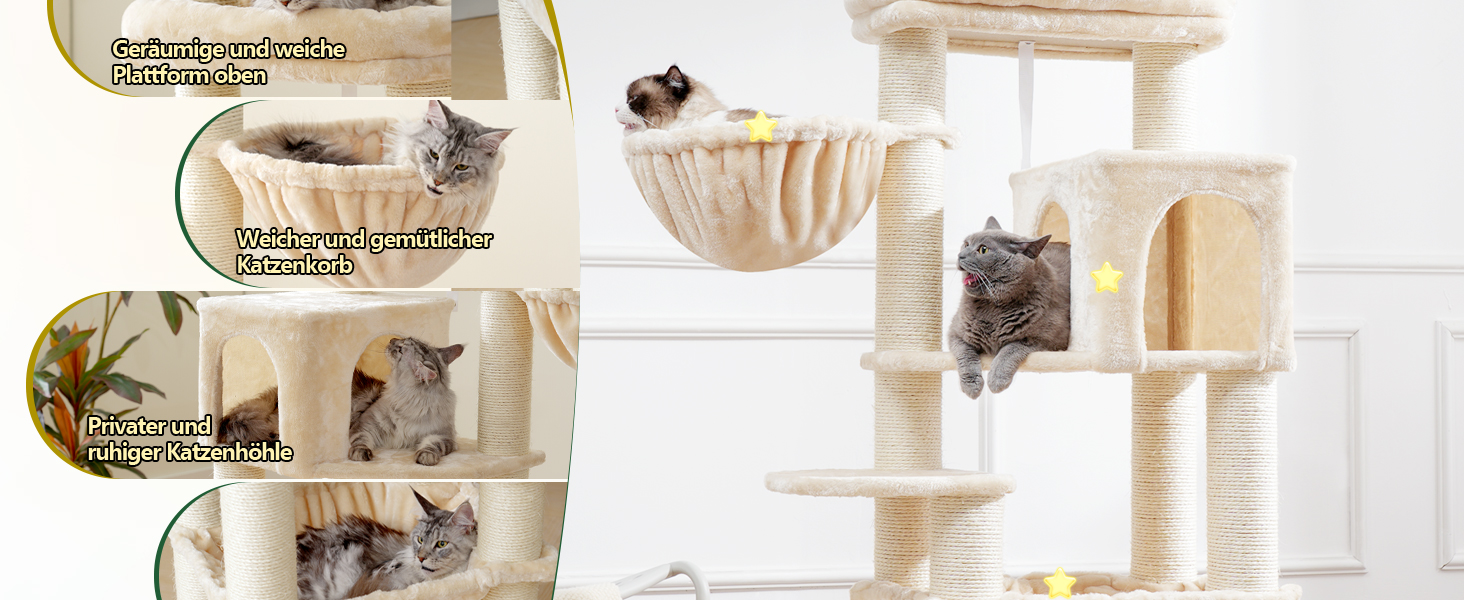 Кігтеточка XXL для мейн-куна, 168 см, з гамаком, сизаловим стовпом (φ11 см), когтеточкою, 2 платформами, будиночком, корзиною, бежева EMPJ01M