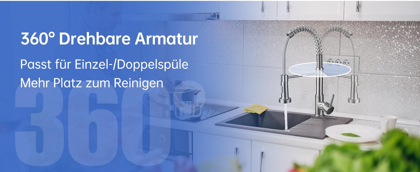 Кухонний змішувач Appaso з висувною лійкою, високотискний, 2 режими, 360° обертання, нержавіюча сталь, без свинцю та нікелю