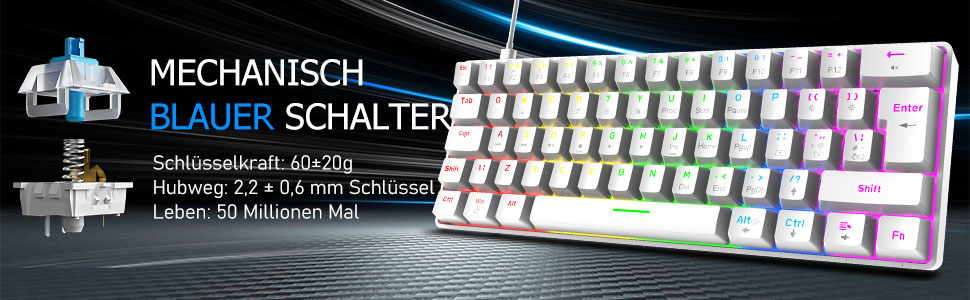 Ігрова клавіатура та миша UK-Layout з підсвічуванням RGB, 62 клавіші, механічна, 6400 DPI (чорний/червоний або білий/синій перемикач)