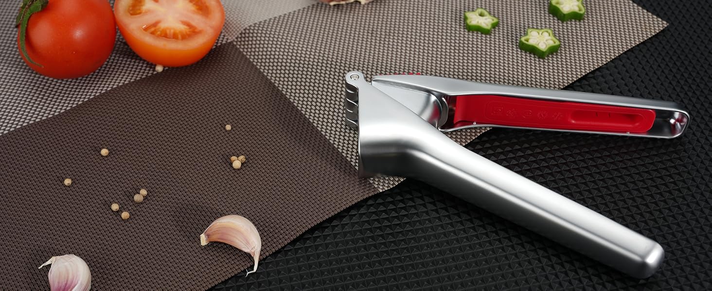 Професійний прес для часнику KITCHENDAO з контейнером, скребком та очищувачем, цинковий подрібнювач часнику (без очищення), сріблястий