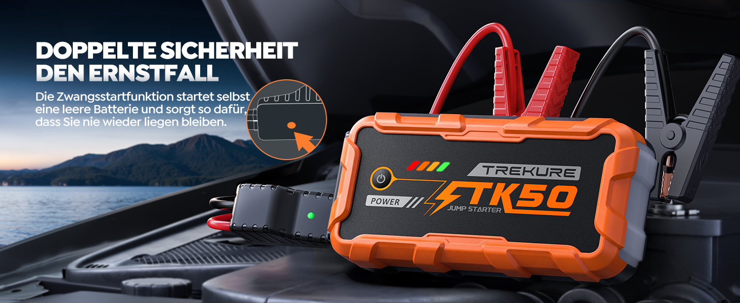 Powerbank для автомобіля 8000A Starthilfe (бензин/дизель 12.0L), 26800mAh, 12V пусковий пристрій з ліхтарем 800 люмен, 2xUSB, посилені кабелі, помаранчевий