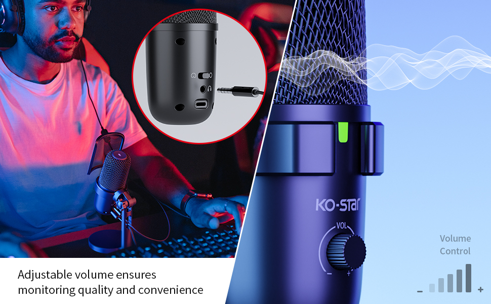 KO-Star USB мікрофон з RGB підсвіткою для ПК та смартфона – конденсаторний мікрофон зі штильником, регулятором підсилення, поп-фільтром та антивібраційним кріпленням для стрімінгу, подкастів та запису