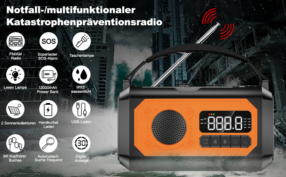 Радіоприймач Kurbelradio на 12000mAh з ручним зарядним пристроєм, сонячною панеллю, AM/FM, радіо для надзвичайних ситуацій, 7-в-1, SOS, ліхтарик, роз'єм для навушників, компас, ліхтар, оранжевий