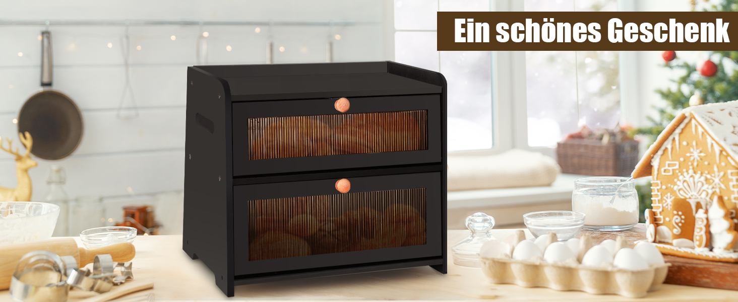 Бак для хліба з бамбука для кухні, 2-шаровий контейнер для домашнього хліба, чорний прямокутний, велика місткість