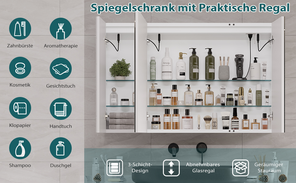 Дзеркальна шафа для ванної кімнати Dictac з LED-підсвічуванням та розеткою, 100x60x13.5 см, метал, полиці, 3 колірні температури, диммування, сенсорний вимикач, білий