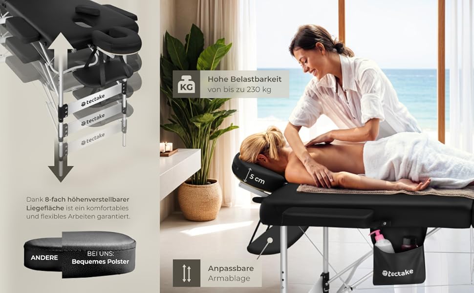 Масажний стіл Tectake® 3 зони, розкладний, з регулюванням висоти, з аксесуарами (ширина без підлокітників: 70 см, чорний)