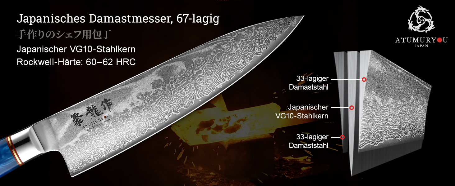 Японський кухонний ніж Шеф 20 см, дамаскіна сталь VG10 (67 шарів), професійний кований ніж для кухні та гастрономії з ручкою з резом-дерева та подарунковою коробкою