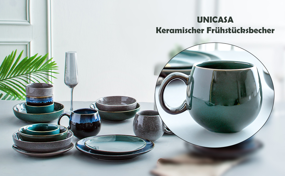 Набір із 4 порцелянових кухлів UNICASA з ручкою 530 мл, зелені чашки для кави, чаю, молока, капучино