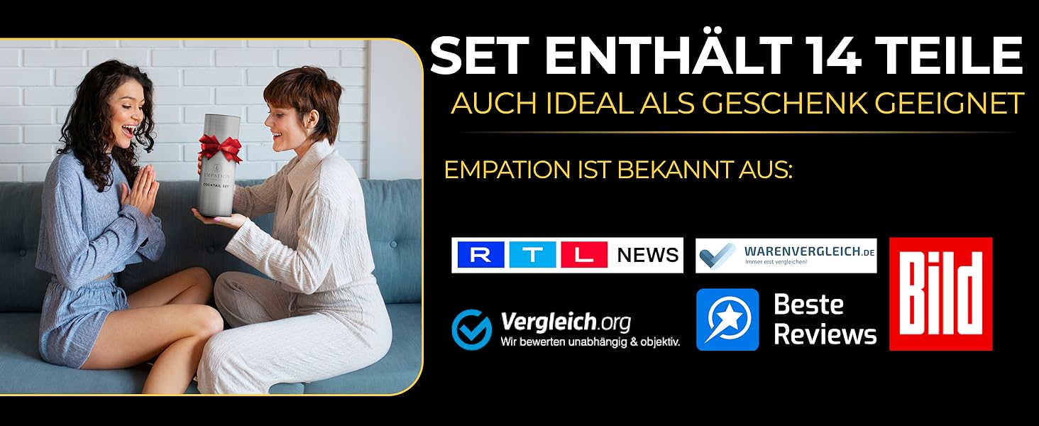 Набір для коктейлів EMPATION: 8 предметів, Boston Shaker 825мл, нержавіюча сталь, для початківців та професіоналів, сріблястий, преміум подарунок