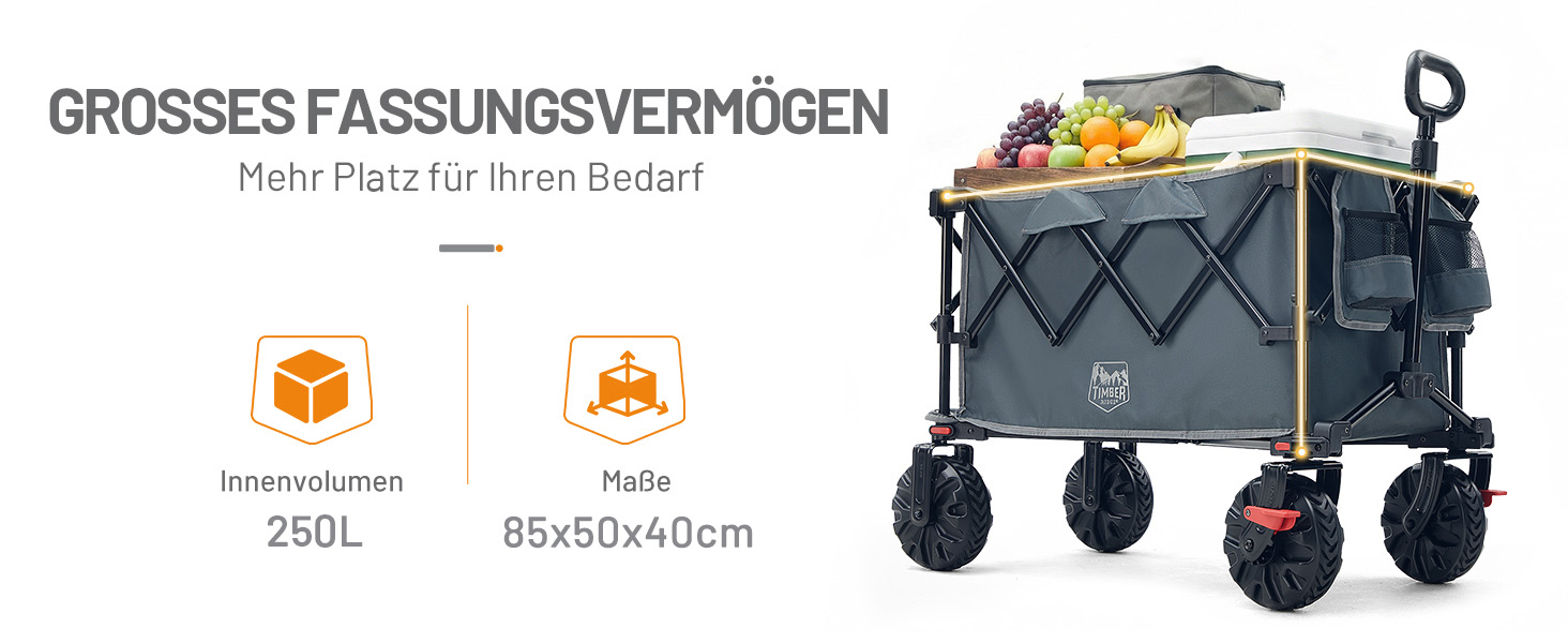Візок-садок Timber Ridge XXL 250л з гальмами та тримачем для напоїв, сірий - для кемпінгу, покупок, саду
