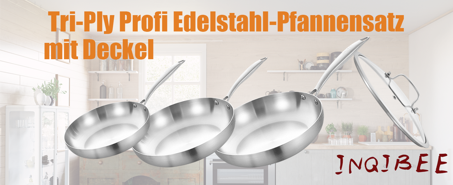 Набір сковорідок Inqibee з нержавіючої сталі (20, 24, 28 см) з кришкою - для всіх типів плит, включаючи індукцію, сумісний з духовкою, можна мити в посудомийній машині