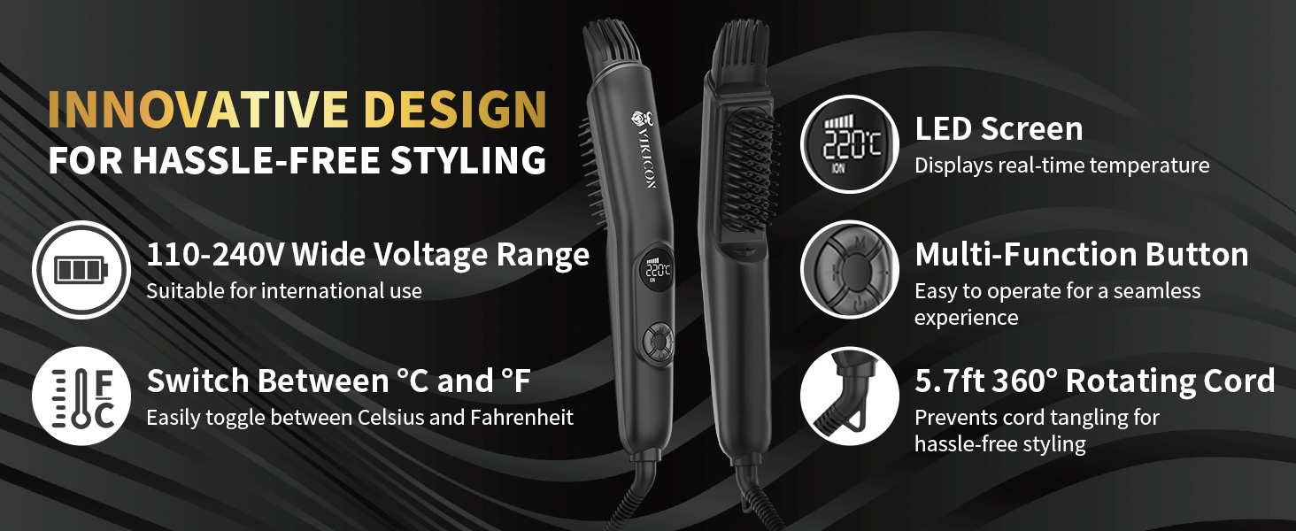 VIKICON 3-in-1 Beard Straightener Brush for Men - Professional Hair Comb & Volumizer with 4 Heat Settings (120-220°C) Iion Beard & Hair Straightening Brush for Home & Travel