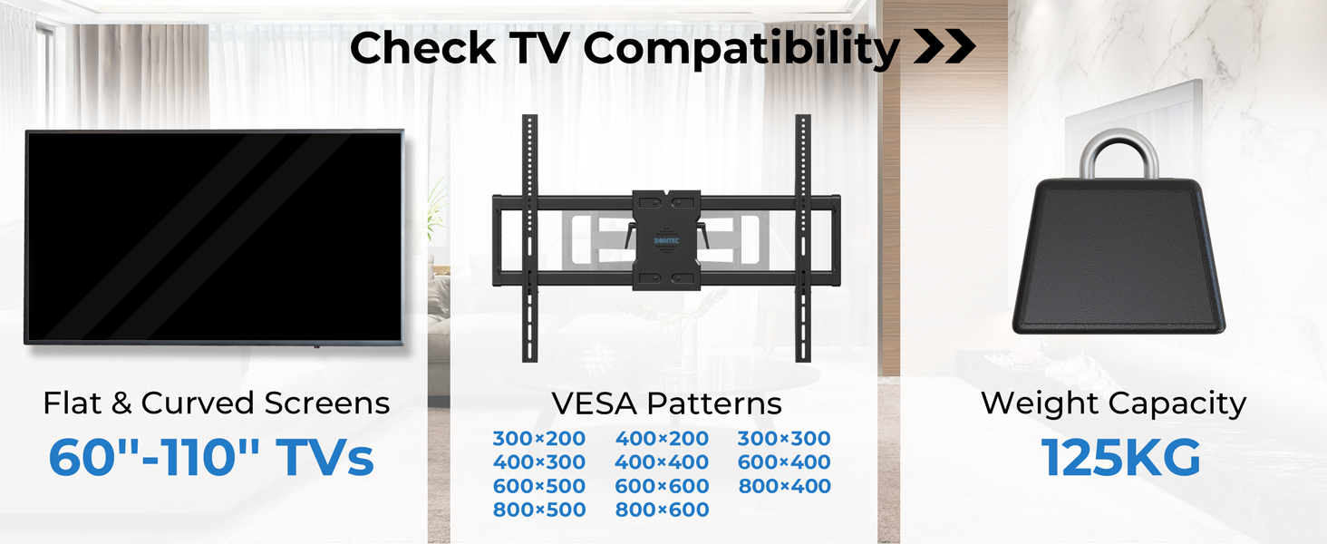 Настінний кріплення для телевізора BONTEC 60-110 дюймів, до 125 кг, подвійний важіль, витягування 1016 мм, регульований, поворотний, сумісний з VESA 800x600 мм, для великих XXL телевізорів