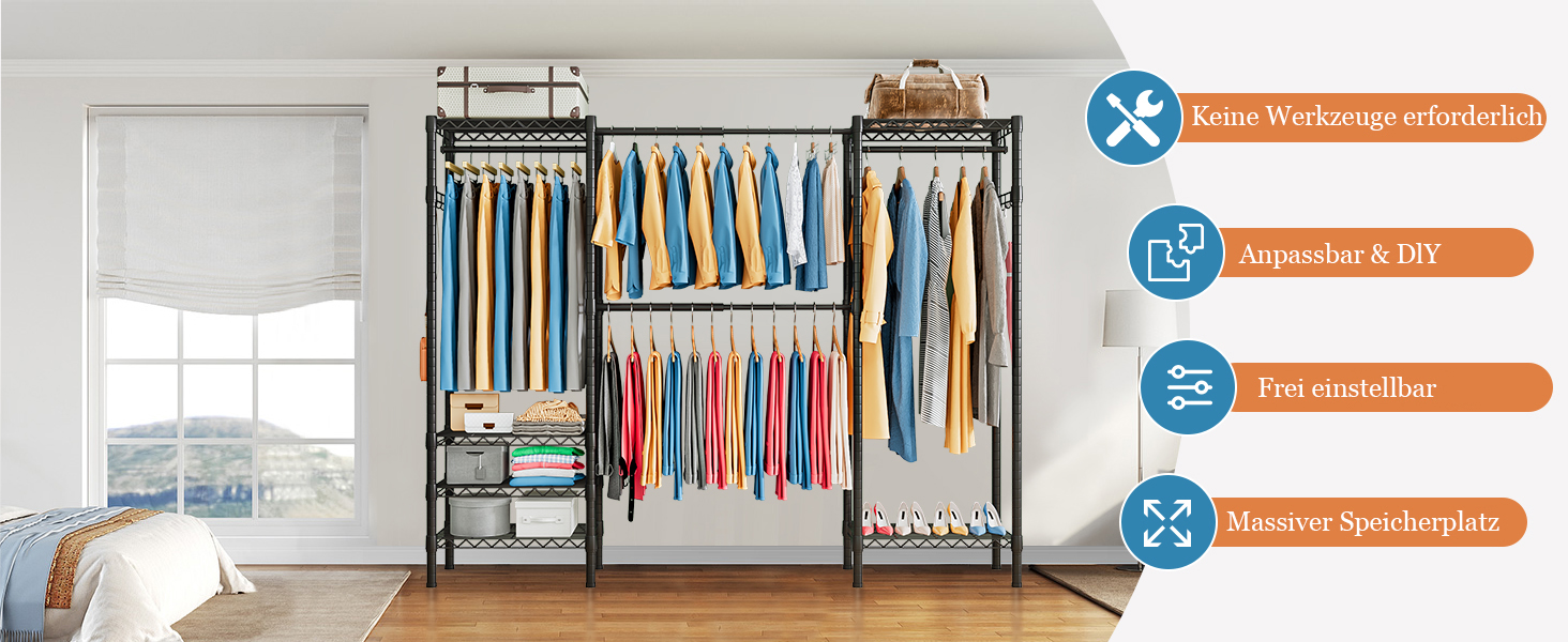 Розширюваний вішак для одягу, металева штанга для одягу, важкий металевий вішак для одягу з гачками, чорний (70.3-89.8” x 14” x 71.3”)