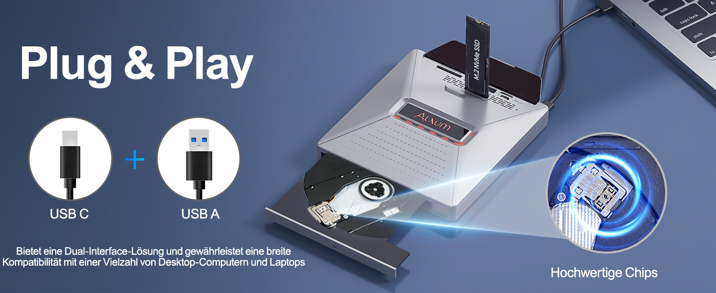 Зовнішній DVD-привід Alxum USB-C 3.0 та USB: CD/DVD плеєр і записувач для ноутбука з картридером SD/TF та додатковим USB-портом, Plug & Play, чорний