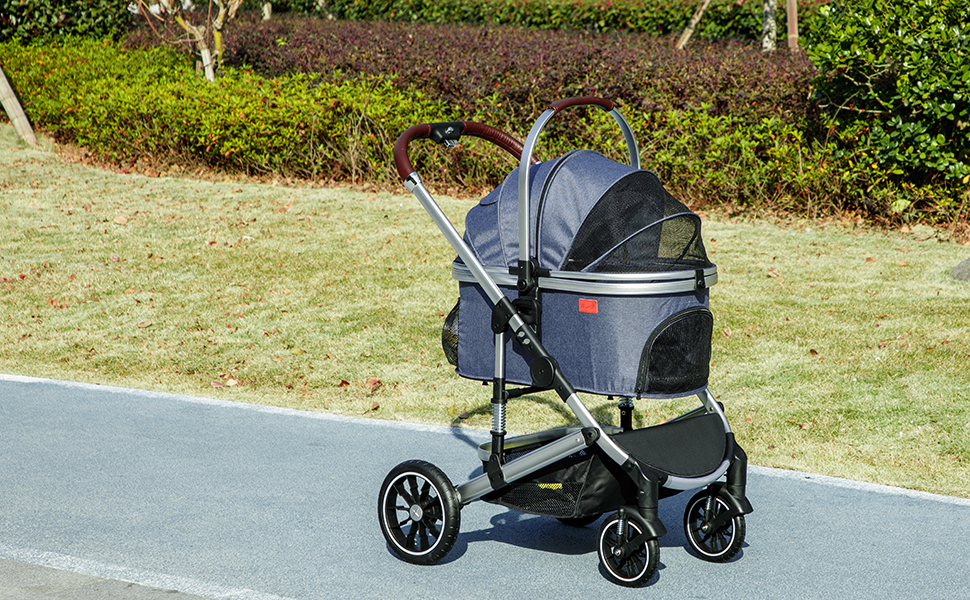 PawHut Візок для собак та котів 3-в-1, складна конструкція, до 10 кг, з подушкою, сіткою, дверима та кошиком для зберігання (Блакитний)