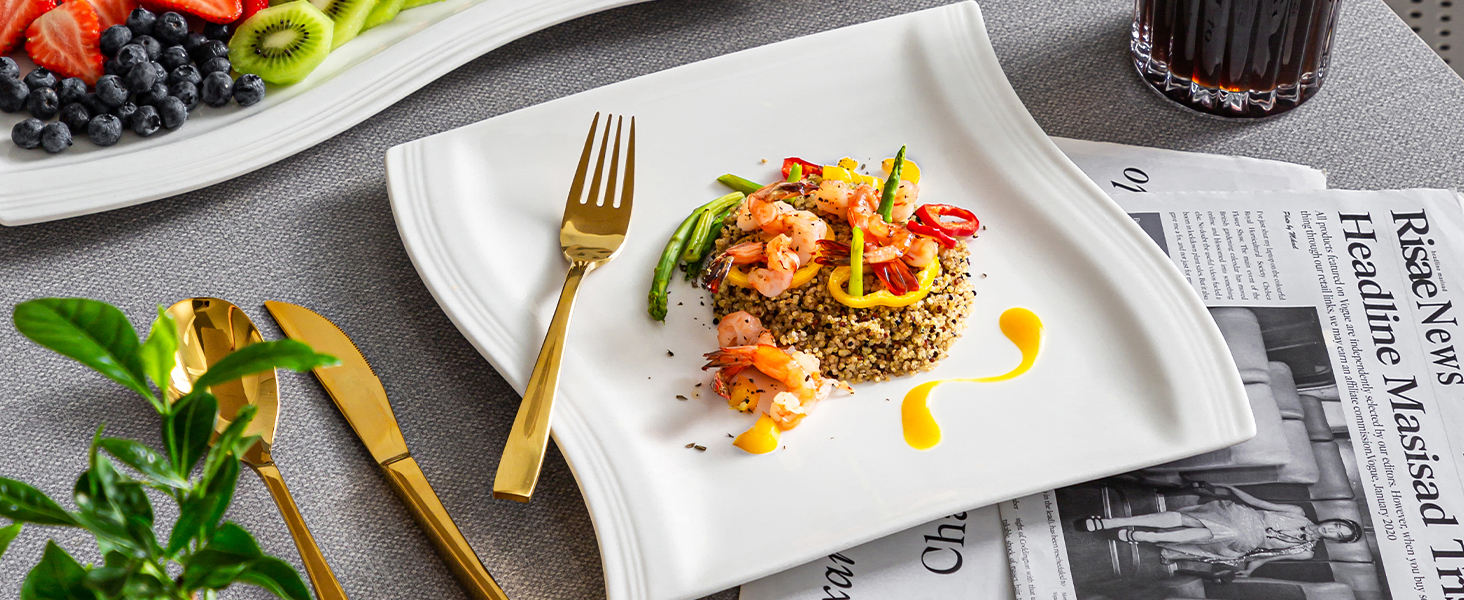 MALACASA Комплект посуду серія Flora, 26 предметів, кремово-білий, порцеляна. Тарілки, супові тарілки, десертні тарілки, великі тарілки, прямокутні блюда.