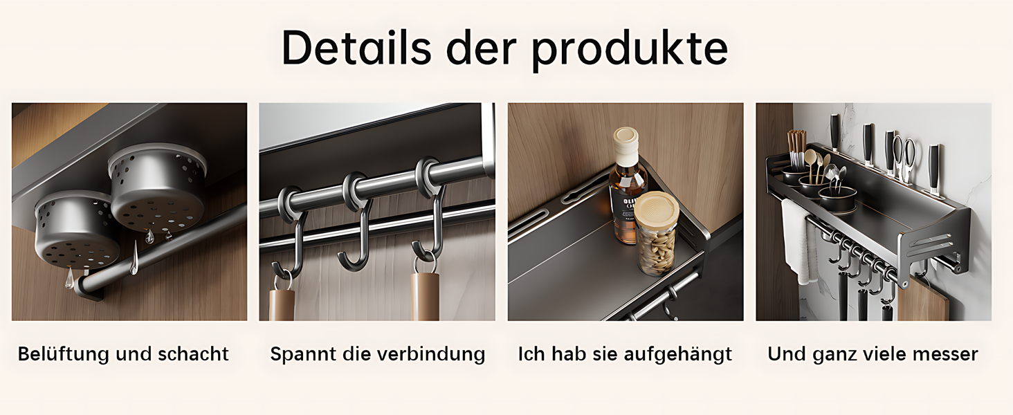 Настінна полиця для спецій, кухонна полиця без свердління, сіра, 50х13.4х12 см, з гачками та підставками для кухонного приладдя