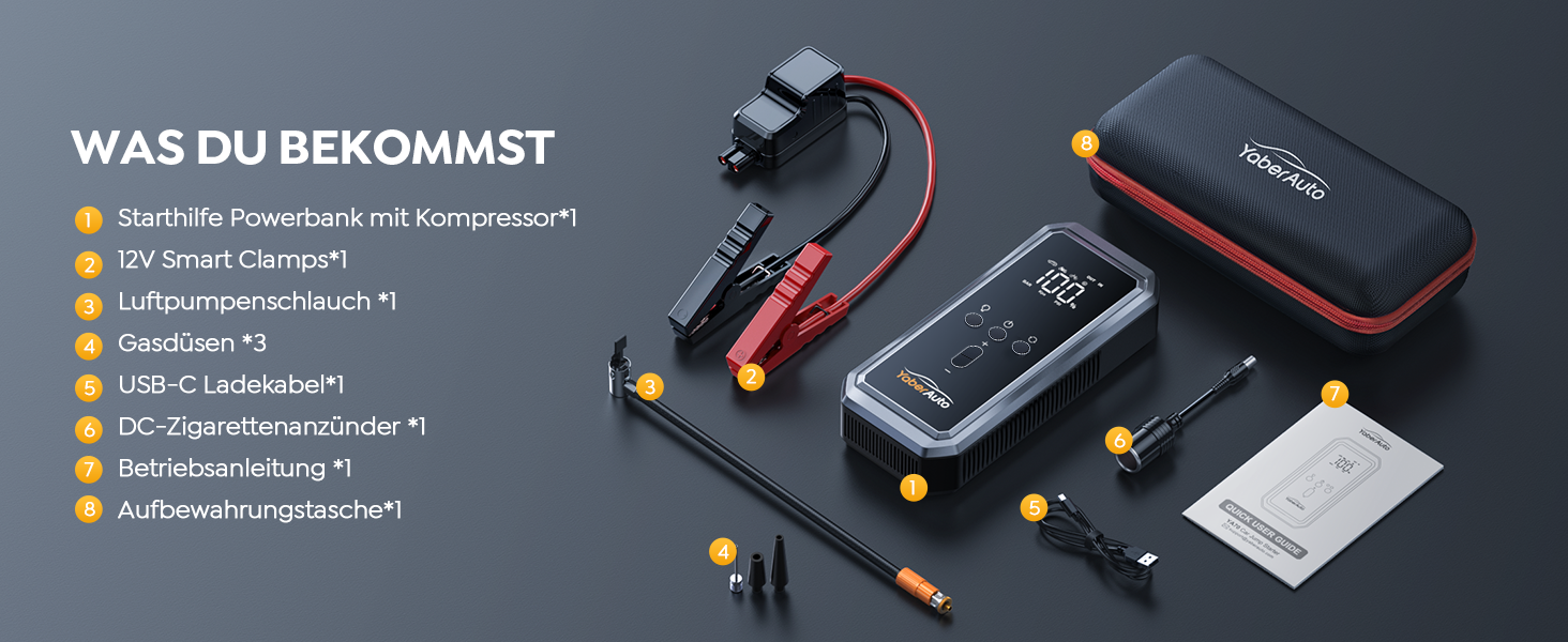 Портативний пусковий пристрій YaberAuto YA70 з компресором 150 PSI, акумулятором 21800 mAh та світлодіодним ліхтарем 300 люменів. 4-в-1: пусковий пристрій, павербанк, компресор та ліхтар з LCD екраном.