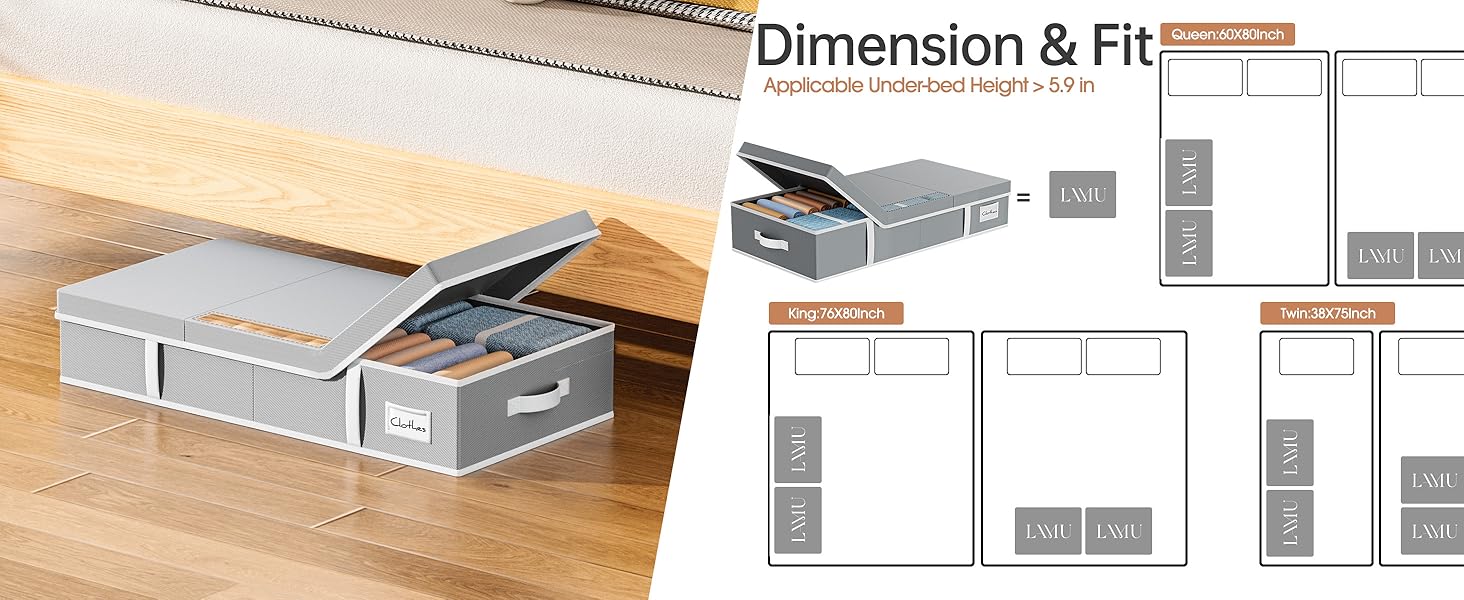 Комод під ліжко LAMU 2 шт., ящик для зберігання під ліжко з кришкою, великий, складний, сумка для зберігання одягу з віконцем та 4 ручками для ковдр, одягу, взуття, сірий, 80x40x15 см, 48 л, сірий