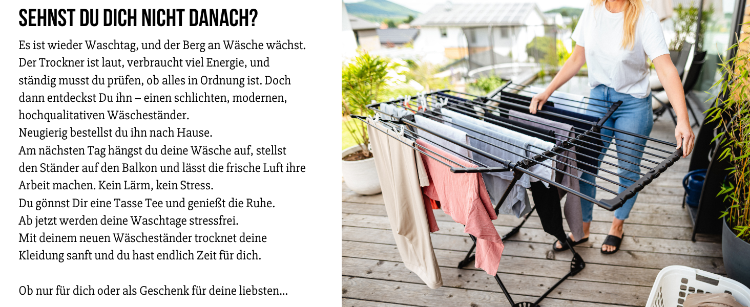 MONDHEIM® Сушарка для білизни XXL, 26 м довжини, чорна, знімний поперечина, для балкону/тераси