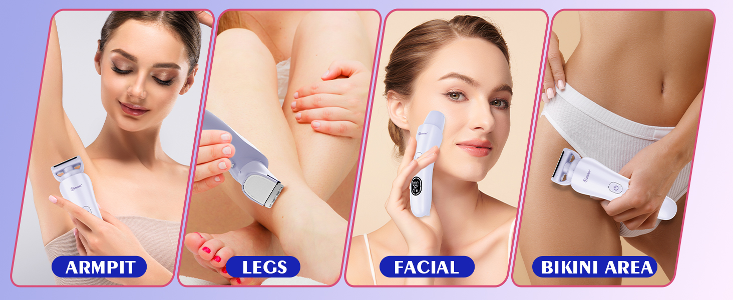 Електричний жіночий епілятор Hatteker 3-в-1: тример для бікіні, бритва та епілятор. З LED-дисплеєм, водонепроникний IPX7, USB-зарядка (фіолетовий)