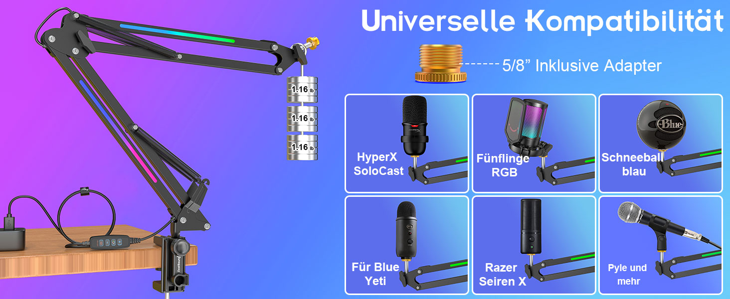 Кріплення для мікрофона ZealSound: регульований кронштейн для HyperX QuadCast/Blue Yeti та ручного мікрофона, з надійною підставкою та адаптером 3/8' - 5/8' – подарунок для геймерів та YouTube-блогерів