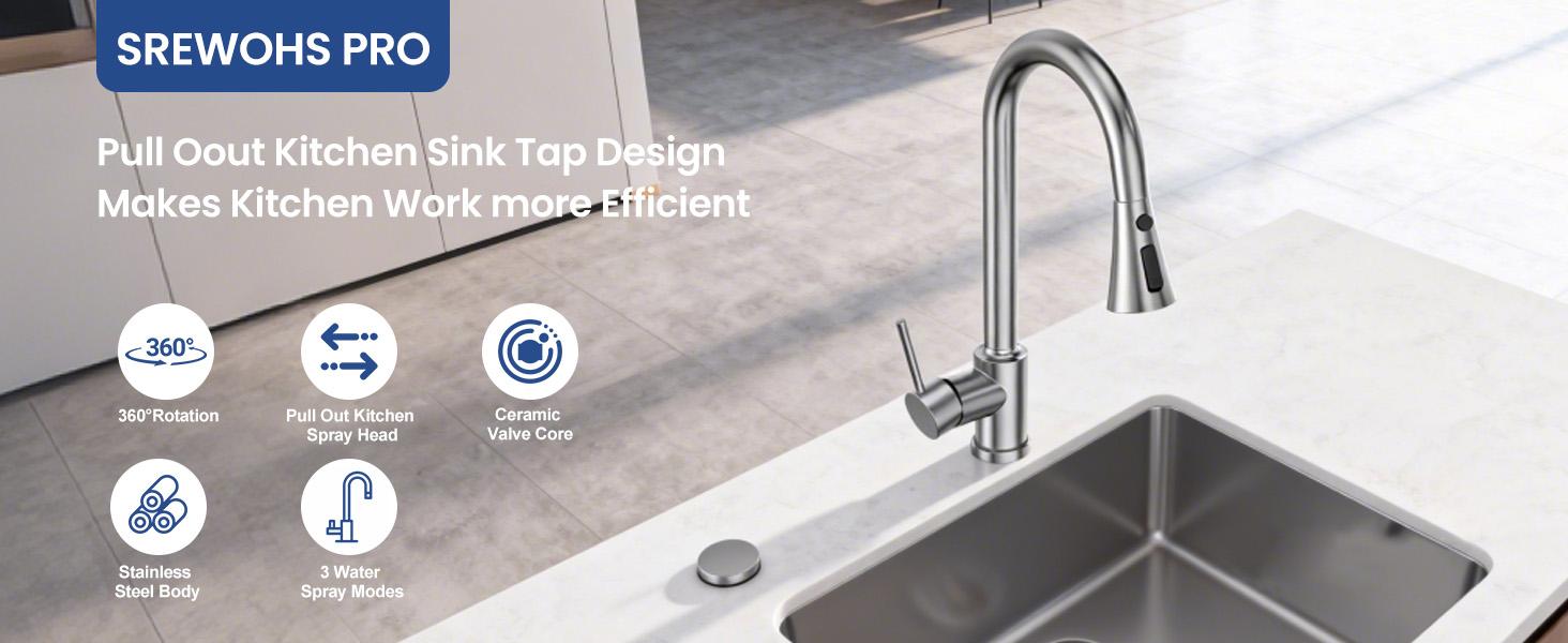 Кухонний змішувач SREWOHS PRO з висувним виливом, 360° обертання, 4 режими розпилення, однорідний, високий вилив, ABS-насадка для кухонної мийки, проста установка (сучасний дизайн)