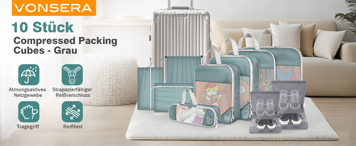Органайзер для валізи, 9 шт. Комплект компресійних пакувальних кубів з чохлом для взуття, водонепроникні та дихаючі, сірі