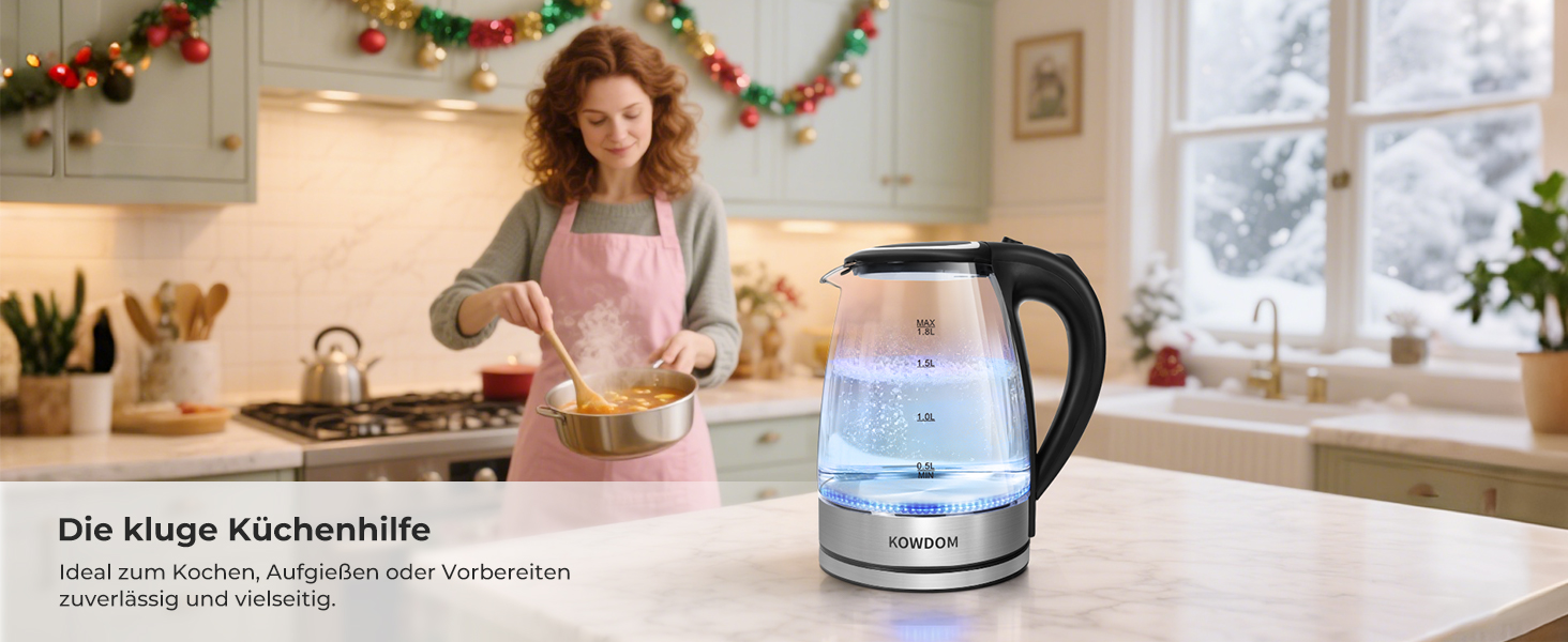 Електричний чайник Kowdom 1.8L з боросилікатного скла, BPA-free, 2200W, швидкий нагрів, автовимкнення та захист від сухого кипіння, чорний