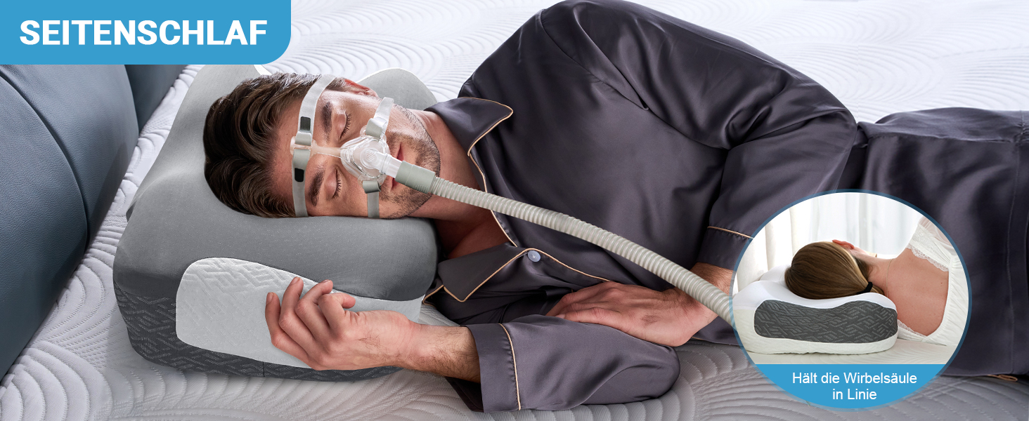 Подушка CPAP Elviros з піни Memory Foam для сну на боку, регульована по висоті та жорсткості, сумісна з масками, сіра (Нейлон, Еластан)