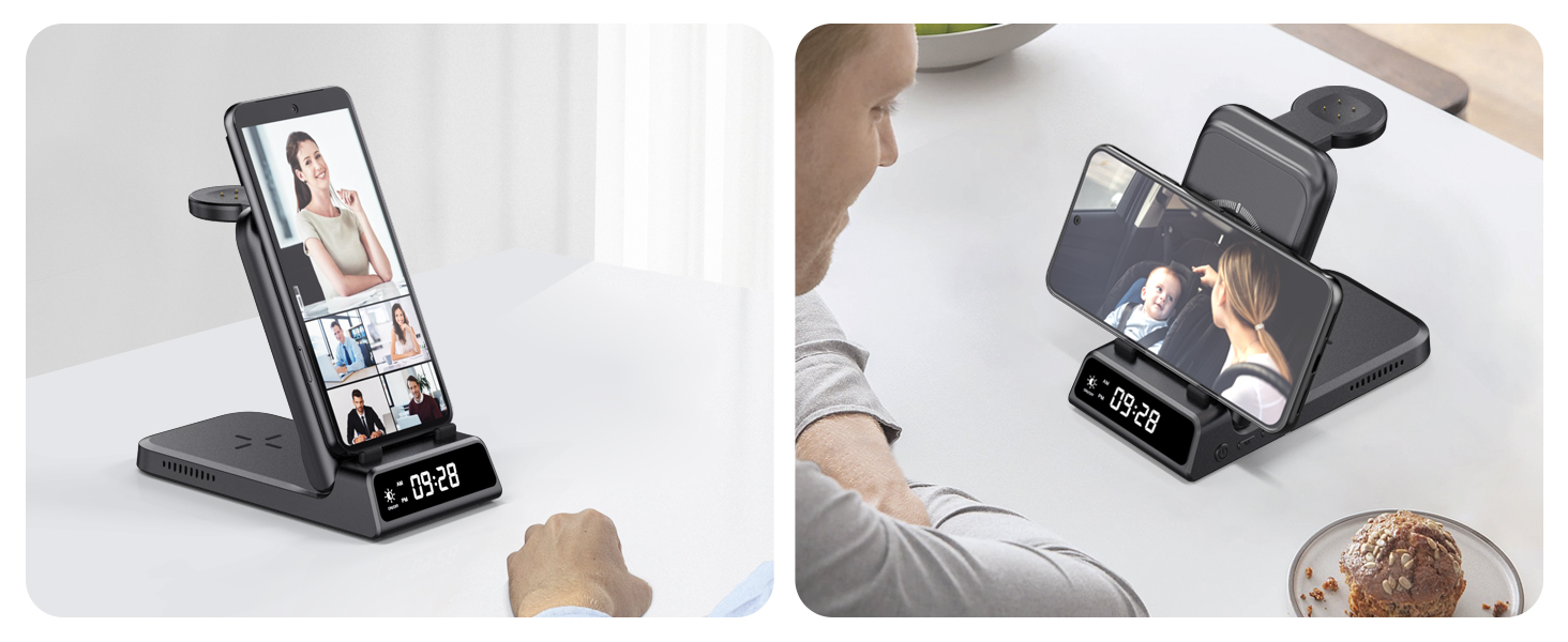 Бездротова зарядна станція 3-в-1 для Google Pixel Watch 3/2, Fitbit Versa 4/3, Sense 2/1, Samsung Galaxy S26 Ultra, iPhone 17 та Pixel Buds Pro 2 - SwanScout 703G2 (Чорний)