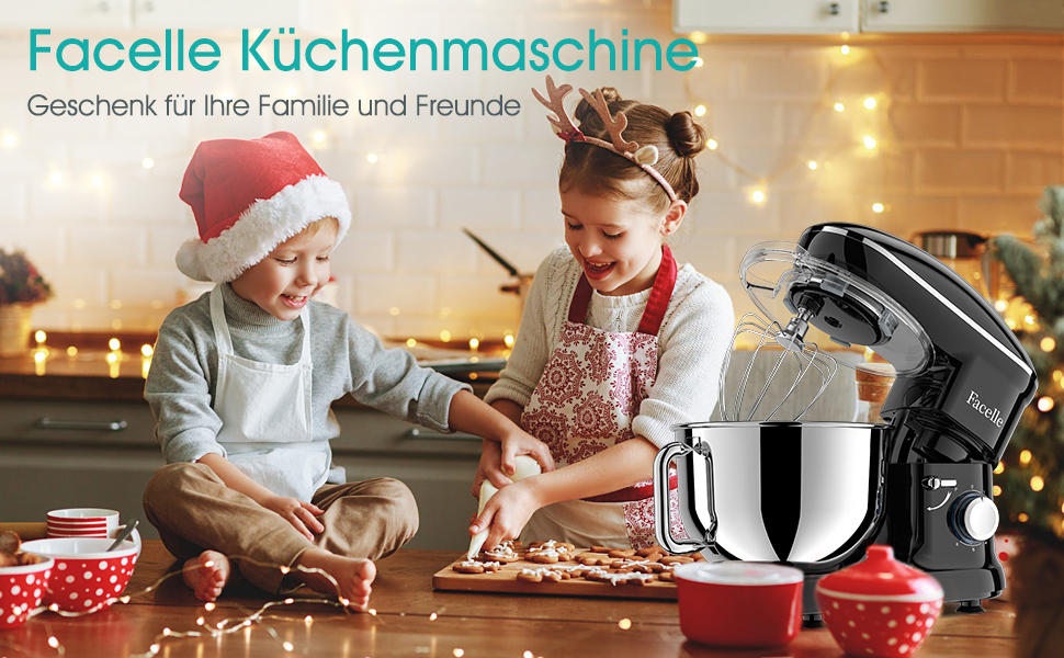 Кухонна машина Facelle 1500W з нержавіючою чашею 6.2л, 6 швидкостей, комплект насадок (чорна)