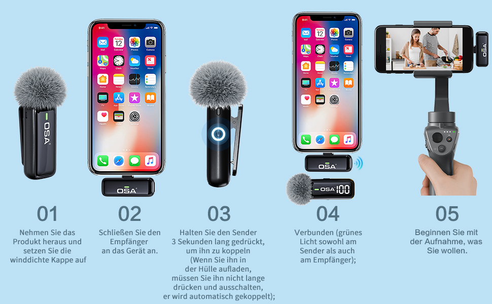 OSA Бездротовий петличний мікрофон: професійний комплект з двома мікрофонами, Plug-and-Play, для iPhone, Android, камери, ПК, з зарядним кейсом